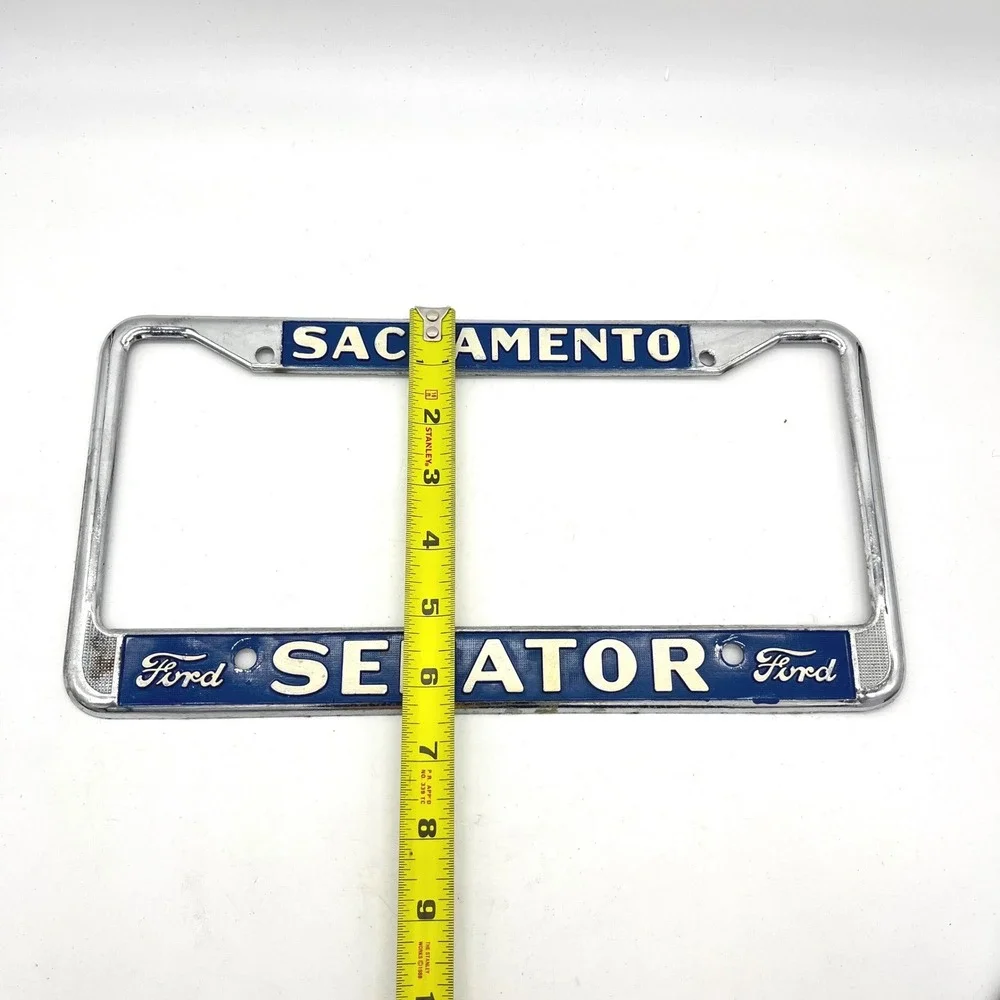 Vintage Sacramento Senator Ford License Plate Frame Chrome Blue White Metal